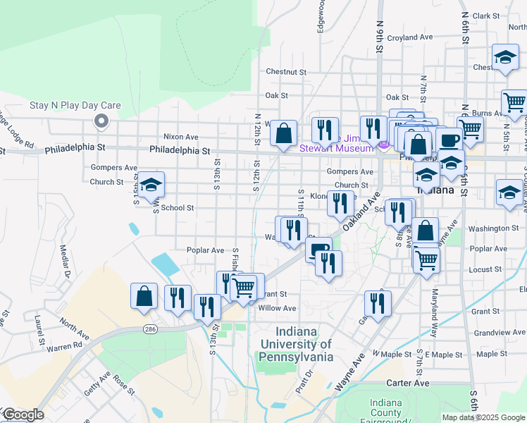 map of restaurants, bars, coffee shops, grocery stores, and more near 1192 School Street in Indiana
