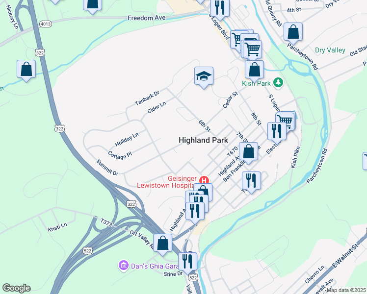 map of restaurants, bars, coffee shops, grocery stores, and more near 183 Summit Drive in Lewistown