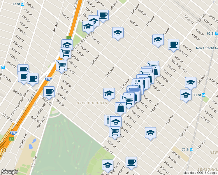 map of restaurants, bars, coffee shops, grocery stores, and more near 1140 78th Street in Brooklyn