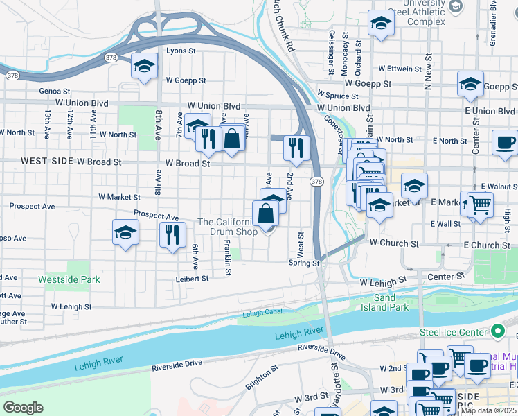 map of restaurants, bars, coffee shops, grocery stores, and more near 417 3rd Avenue in Bethlehem