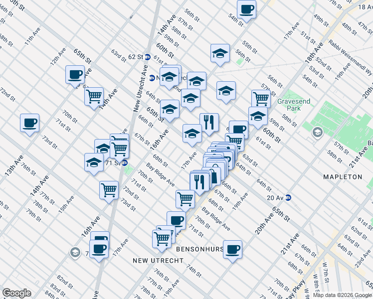 map of restaurants, bars, coffee shops, grocery stores, and more near 6602 17th Avenue in Brooklyn