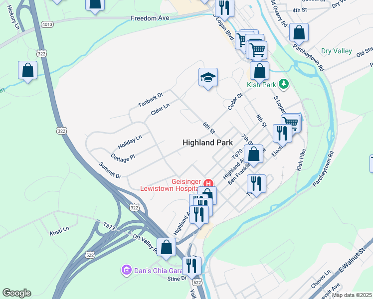 map of restaurants, bars, coffee shops, grocery stores, and more near 183 Summit Drive in Lewistown