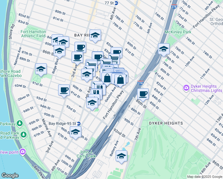 map of restaurants, bars, coffee shops, grocery stores, and more near 28 Gelston Avenue in Brooklyn