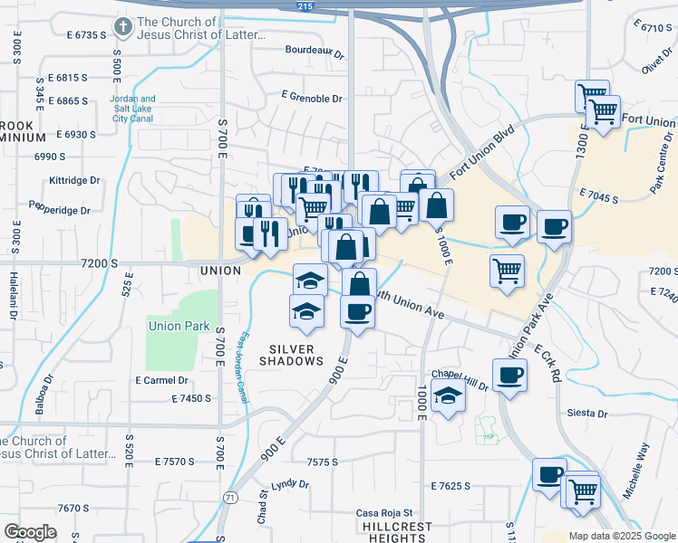 map of restaurants, bars, coffee shops, grocery stores, and more near 7200 South 900 East in Midvale