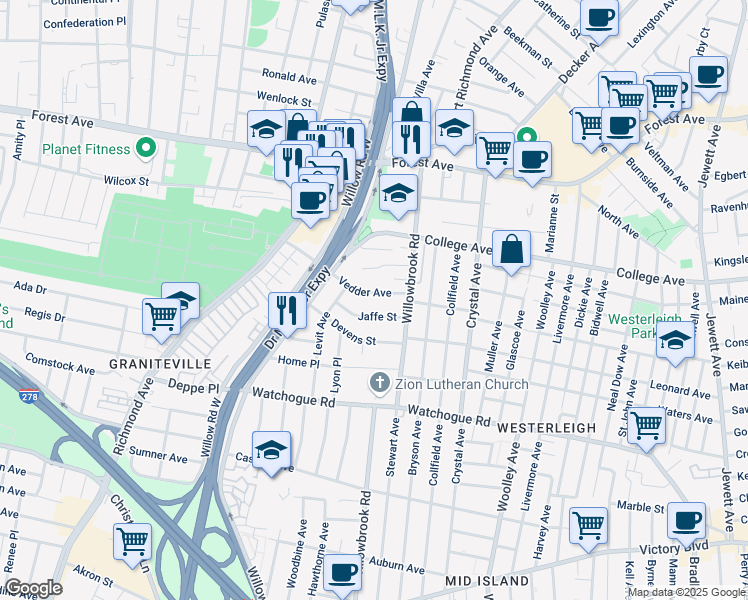 map of restaurants, bars, coffee shops, grocery stores, and more near 47 Jaffe Street in Staten Island