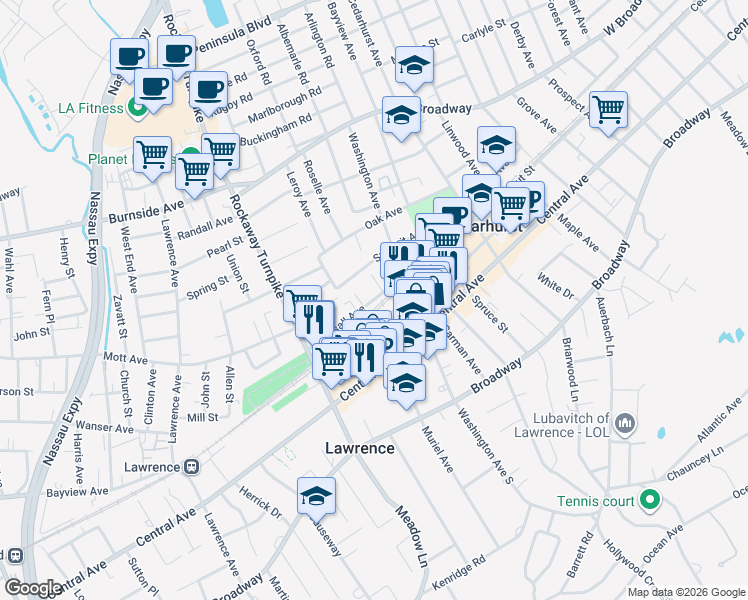 map of restaurants, bars, coffee shops, grocery stores, and more near 395 Pearsall Avenue in Cedarhurst
