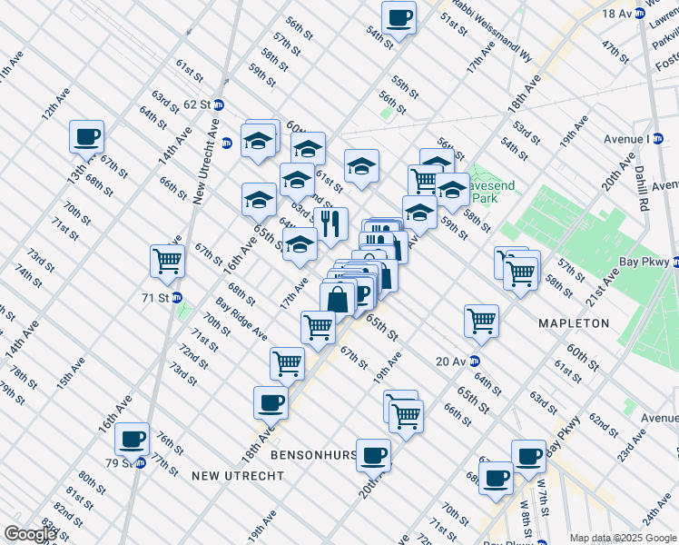 map of restaurants, bars, coffee shops, grocery stores, and more near 1730 64th Street in Brooklyn