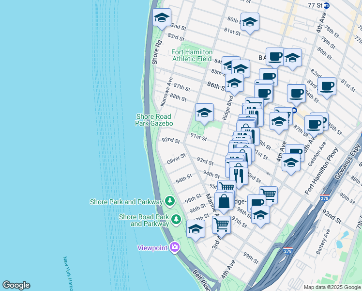 map of restaurants, bars, coffee shops, grocery stores, and more near 61 Oliver Street in Brooklyn