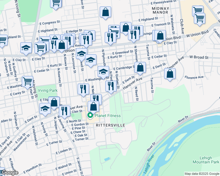 map of restaurants, bars, coffee shops, grocery stores, and more near 703 North Plymouth Street in Allentown
