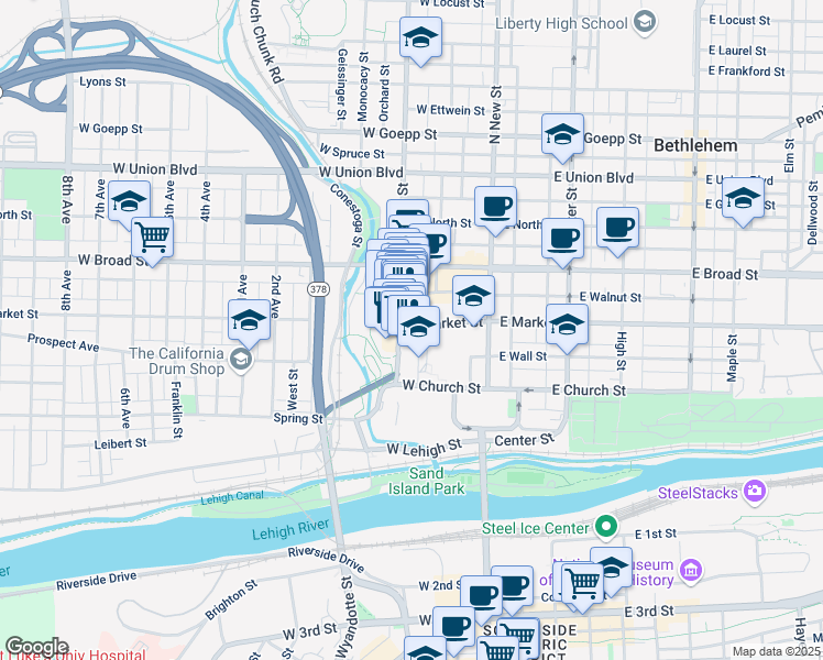 map of restaurants, bars, coffee shops, grocery stores, and more near 79 West Market Street in Bethlehem