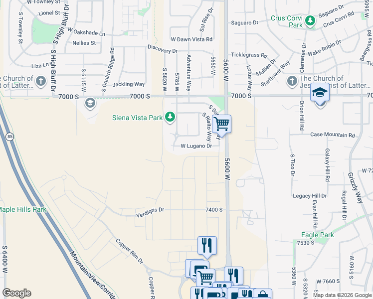 map of restaurants, bars, coffee shops, grocery stores, and more near 5743 West Lugano Drive in West Jordan