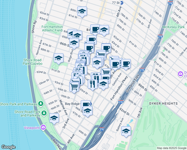 map of restaurants, bars, coffee shops, grocery stores, and more near 345 91st Street in Brooklyn