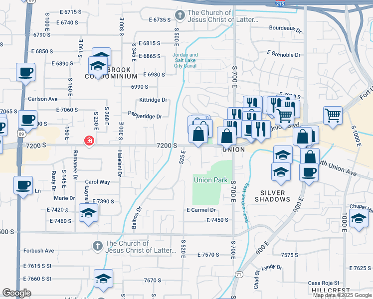 map of restaurants, bars, coffee shops, grocery stores, and more near 529 East 7215 South in Midvale