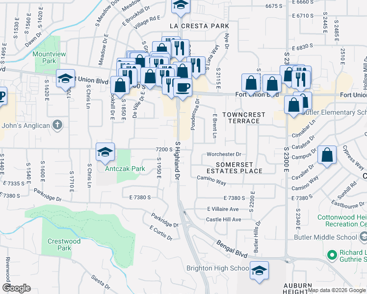 map of restaurants, bars, coffee shops, grocery stores, and more near 7215 South Highland Drive in Cottonwood Heights