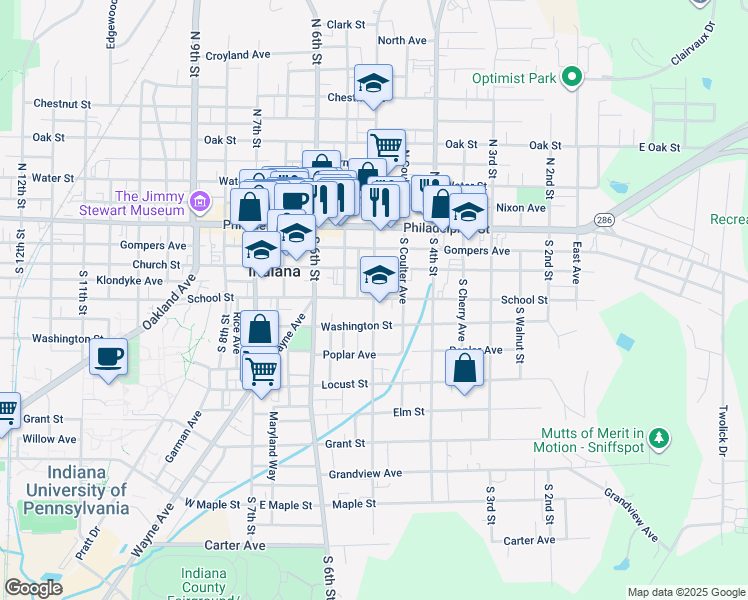 map of restaurants, bars, coffee shops, grocery stores, and more near 205 South 5th Street in Indiana