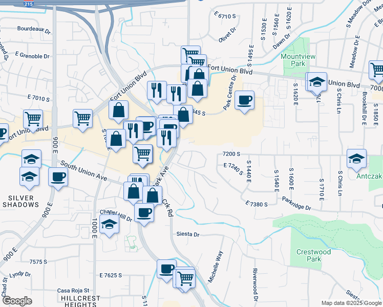 map of restaurants, bars, coffee shops, grocery stores, and more near 1282 Ridge Meadow Lane in Midvale
