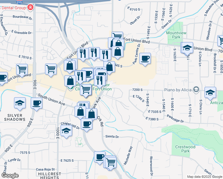 map of restaurants, bars, coffee shops, grocery stores, and more near 1282 Ridge Meadow Lane in Midvale