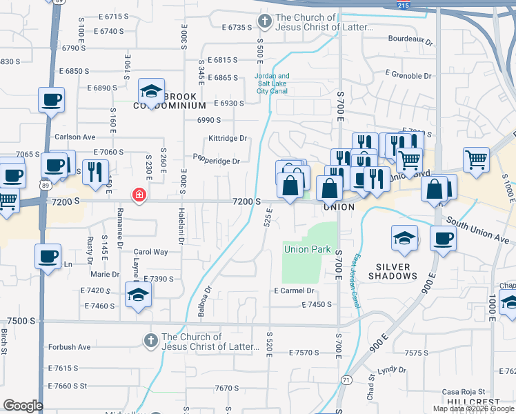 map of restaurants, bars, coffee shops, grocery stores, and more near 7233 Pearl Circle in Midvale