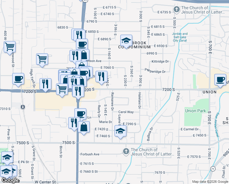 map of restaurants, bars, coffee shops, grocery stores, and more near 201 Nicoletti Drive in Midvale