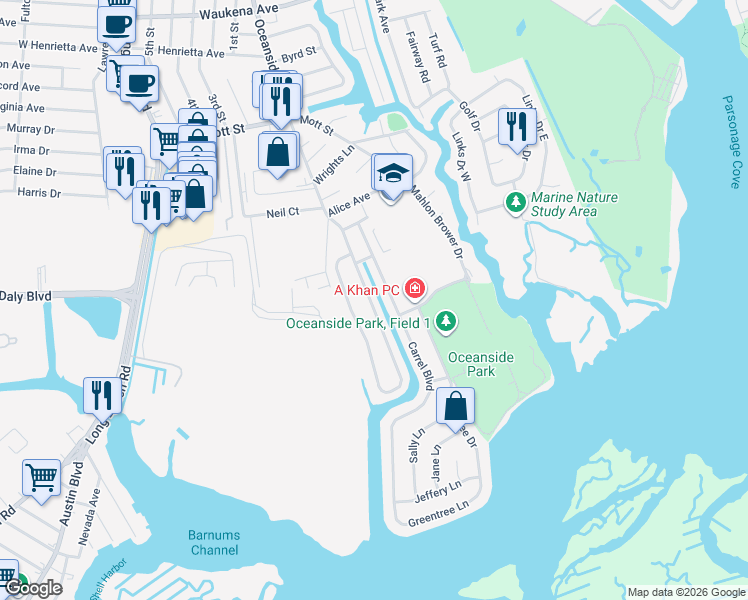 map of restaurants, bars, coffee shops, grocery stores, and more near 3746 Oceanside Road East in Oceanside