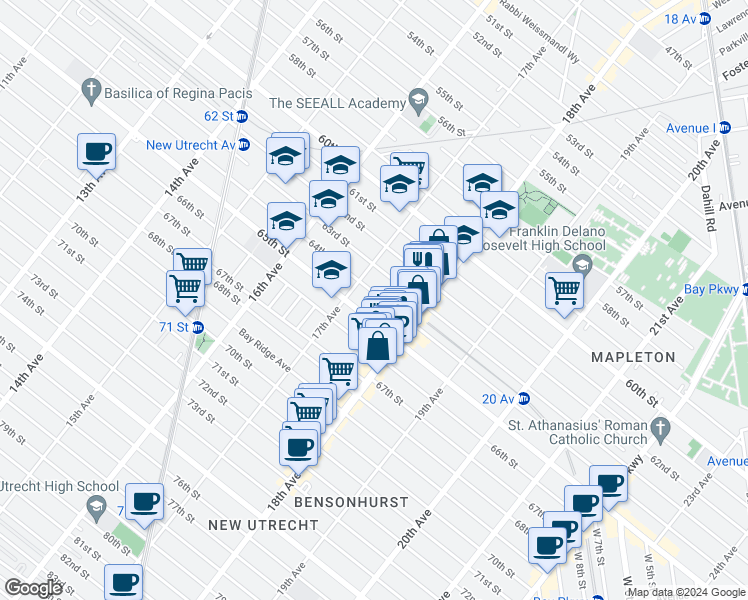 map of restaurants, bars, coffee shops, grocery stores, and more near 1762 64th Street in Brooklyn