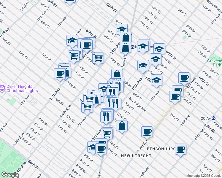 map of restaurants, bars, coffee shops, grocery stores, and more near 1518 70th Street in Brooklyn