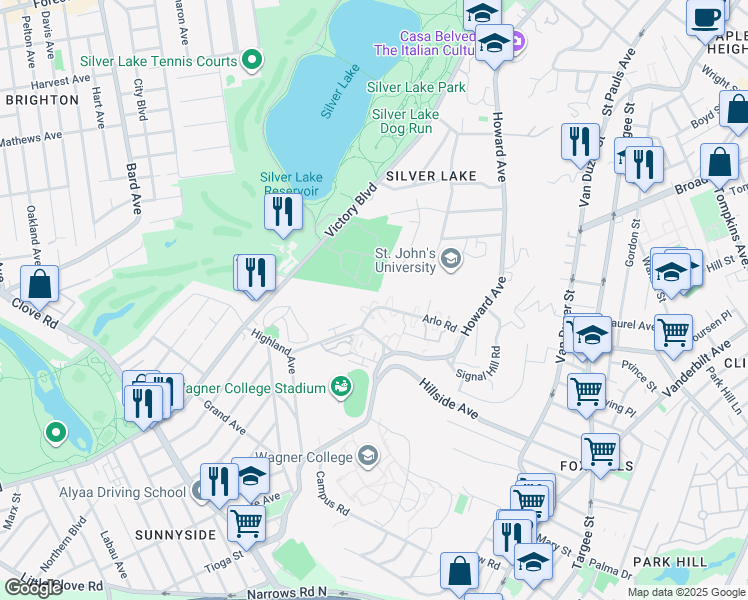 map of restaurants, bars, coffee shops, grocery stores, and more near 110 Arlo Road in Staten Island