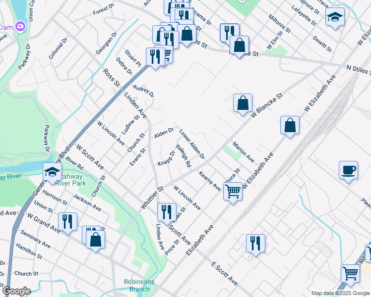 map of restaurants, bars, coffee shops, grocery stores, and more near 386 Raleigh Road in Rahway