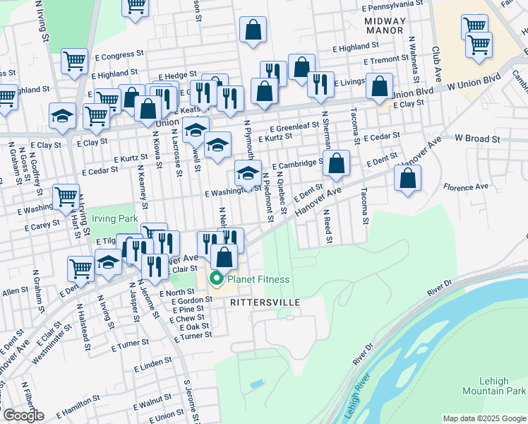 map of restaurants, bars, coffee shops, grocery stores, and more near 703 North Plymouth Street in Allentown
