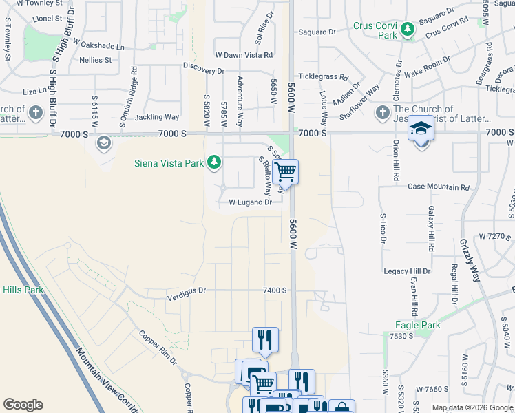 map of restaurants, bars, coffee shops, grocery stores, and more near 5689 West Lugano Drive in West Jordan