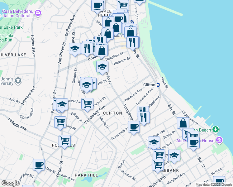 map of restaurants, bars, coffee shops, grocery stores, and more near 189-151 Tompkins Avenue in Staten Island