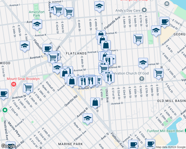map of restaurants, bars, coffee shops, grocery stores, and more near 1640 East 48th Street in Brooklyn