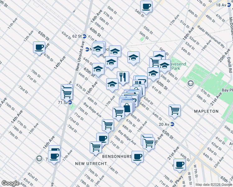 map of restaurants, bars, coffee shops, grocery stores, and more near 65th St & 17th Ave in Brooklyn