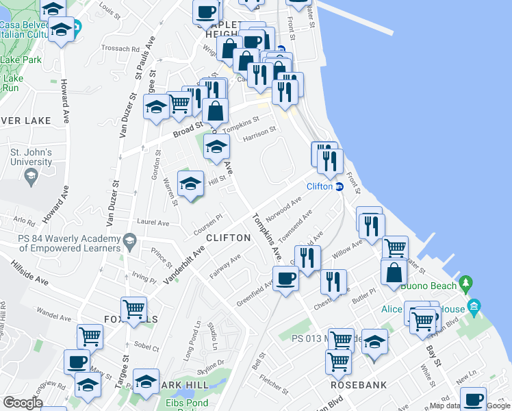 map of restaurants, bars, coffee shops, grocery stores, and more near 179 Tompkins Avenue in Staten Island