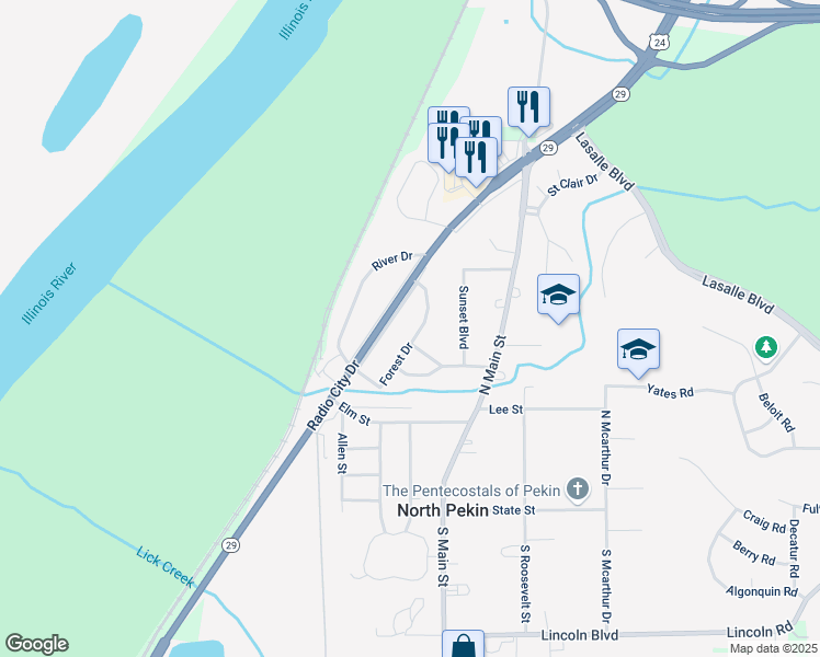map of restaurants, bars, coffee shops, grocery stores, and more near 2-4 Oak Ln in North Pekin