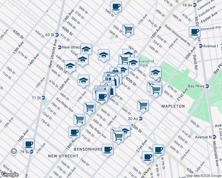 map of restaurants, bars, coffee shops, grocery stores, and more near 6210 18th Avenue in Brooklyn