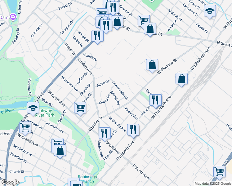 map of restaurants, bars, coffee shops, grocery stores, and more near 386 Raleigh Road in Rahway