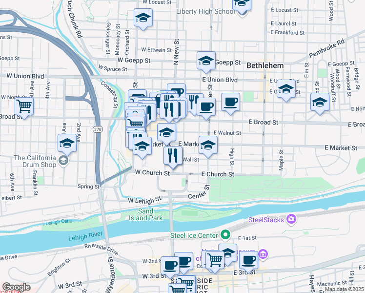 map of restaurants, bars, coffee shops, grocery stores, and more near 18 East Market Street in Bethlehem