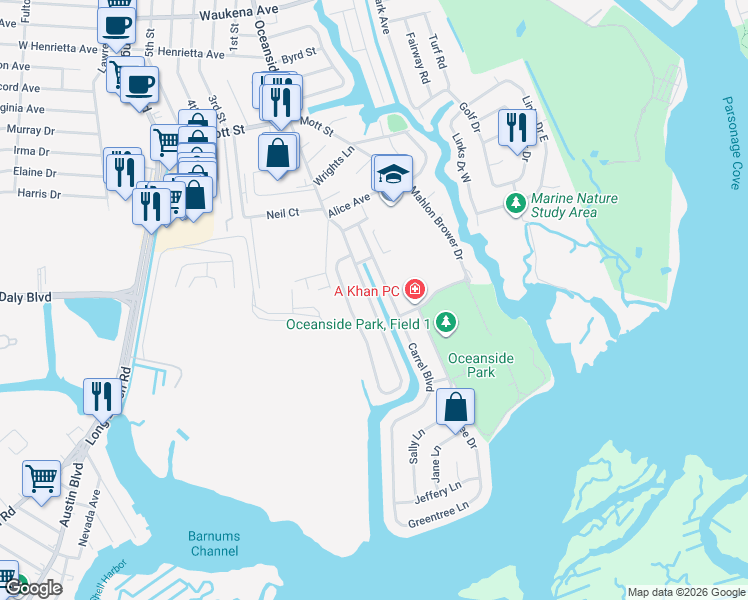 map of restaurants, bars, coffee shops, grocery stores, and more near 3746 Oceanside Road East in Oceanside