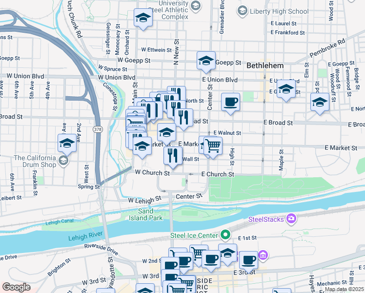 map of restaurants, bars, coffee shops, grocery stores, and more near 18 East Market Street in Bethlehem