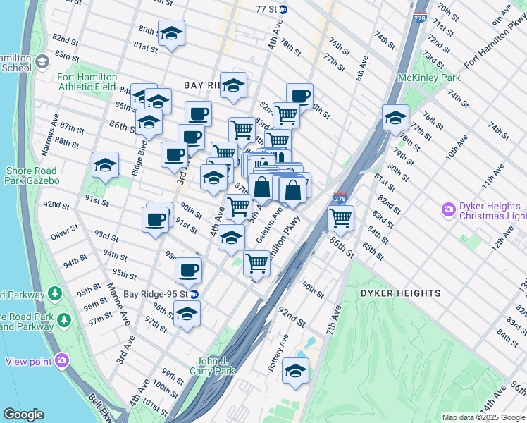 map of restaurants, bars, coffee shops, grocery stores, and more near 519 88th Street in Brooklyn