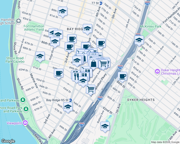 map of restaurants, bars, coffee shops, grocery stores, and more near 8714 5th Avenue in Brooklyn