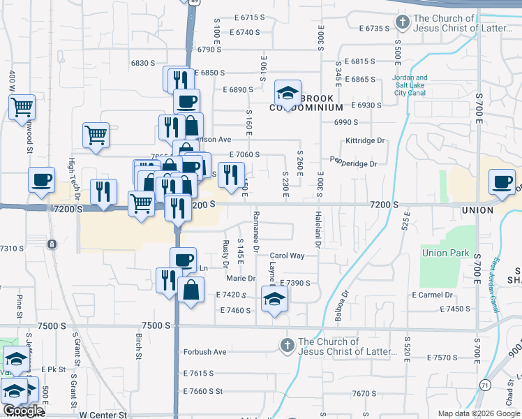 map of restaurants, bars, coffee shops, grocery stores, and more near 201 Nicoletti Drive in Midvale
