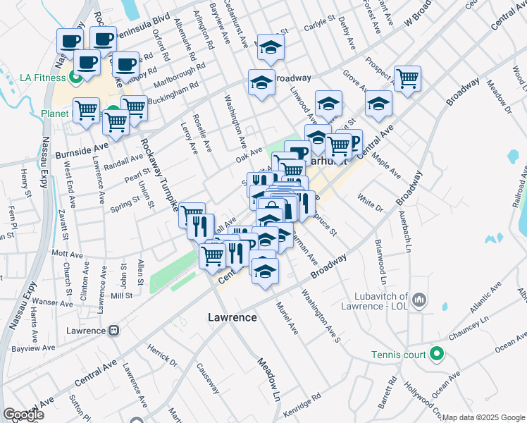 map of restaurants, bars, coffee shops, grocery stores, and more near 385 Mulry Lane in Lawrence