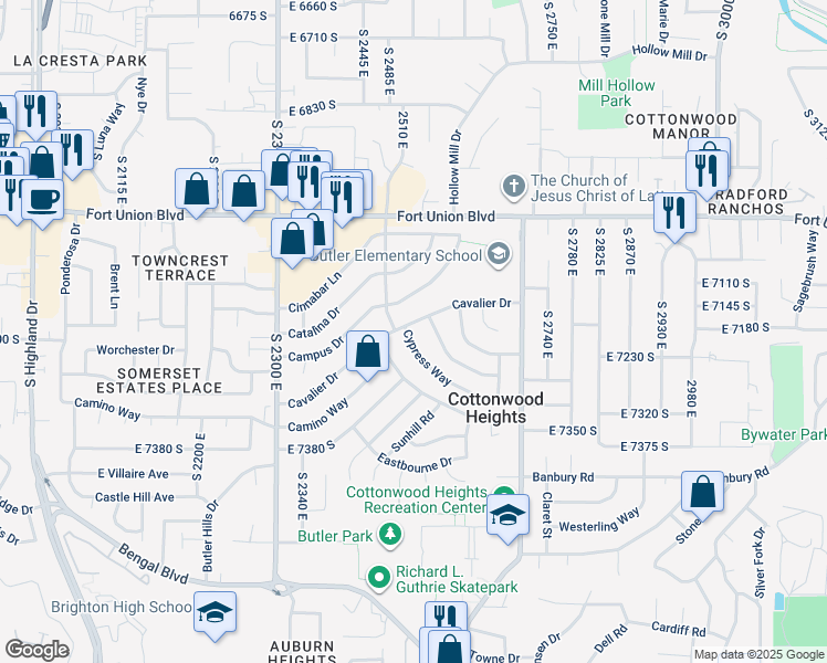 map of restaurants, bars, coffee shops, grocery stores, and more near 7191 Cypress Way in Cottonwood Heights