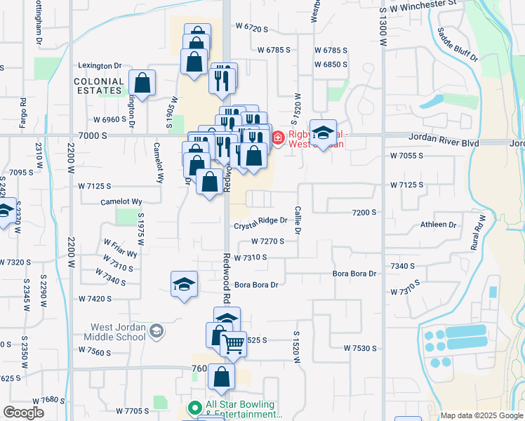 map of restaurants, bars, coffee shops, grocery stores, and more near in West Jordan