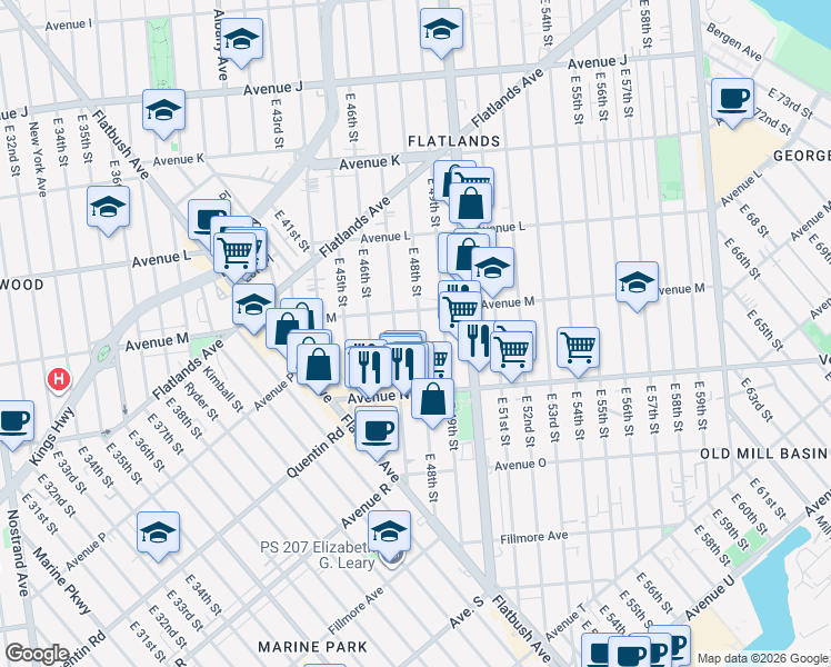 map of restaurants, bars, coffee shops, grocery stores, and more near 1640 East 48th Street in Brooklyn