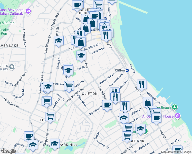 map of restaurants, bars, coffee shops, grocery stores, and more near 155 Vanderbilt Avenue in Staten Island