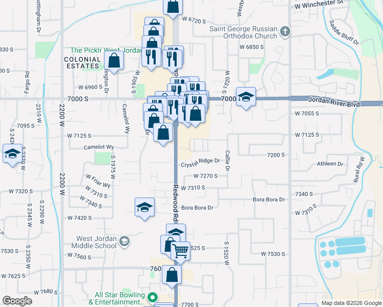 map of restaurants, bars, coffee shops, grocery stores, and more near 1643 Beamon Street in West Jordan