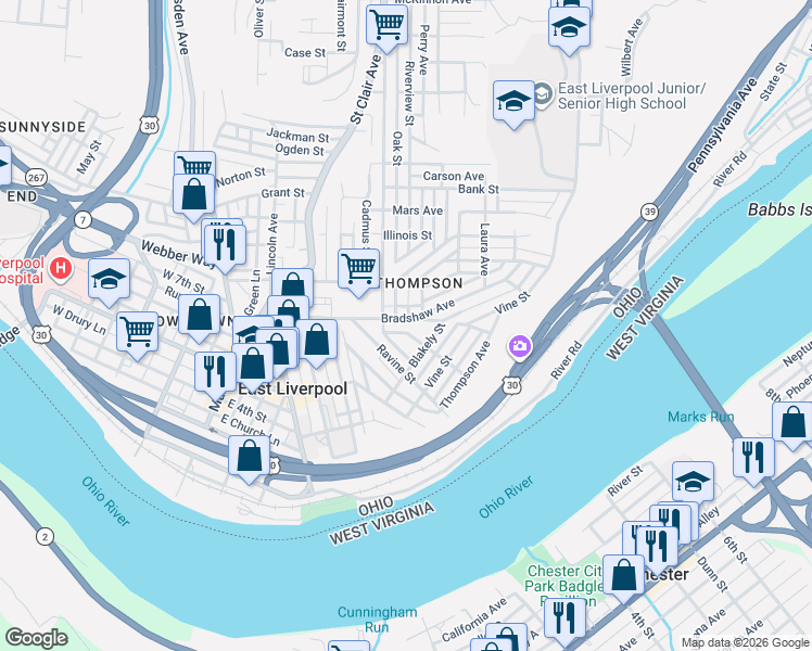 map of restaurants, bars, coffee shops, grocery stores, and more near 164 Fawcett Street in East Liverpool